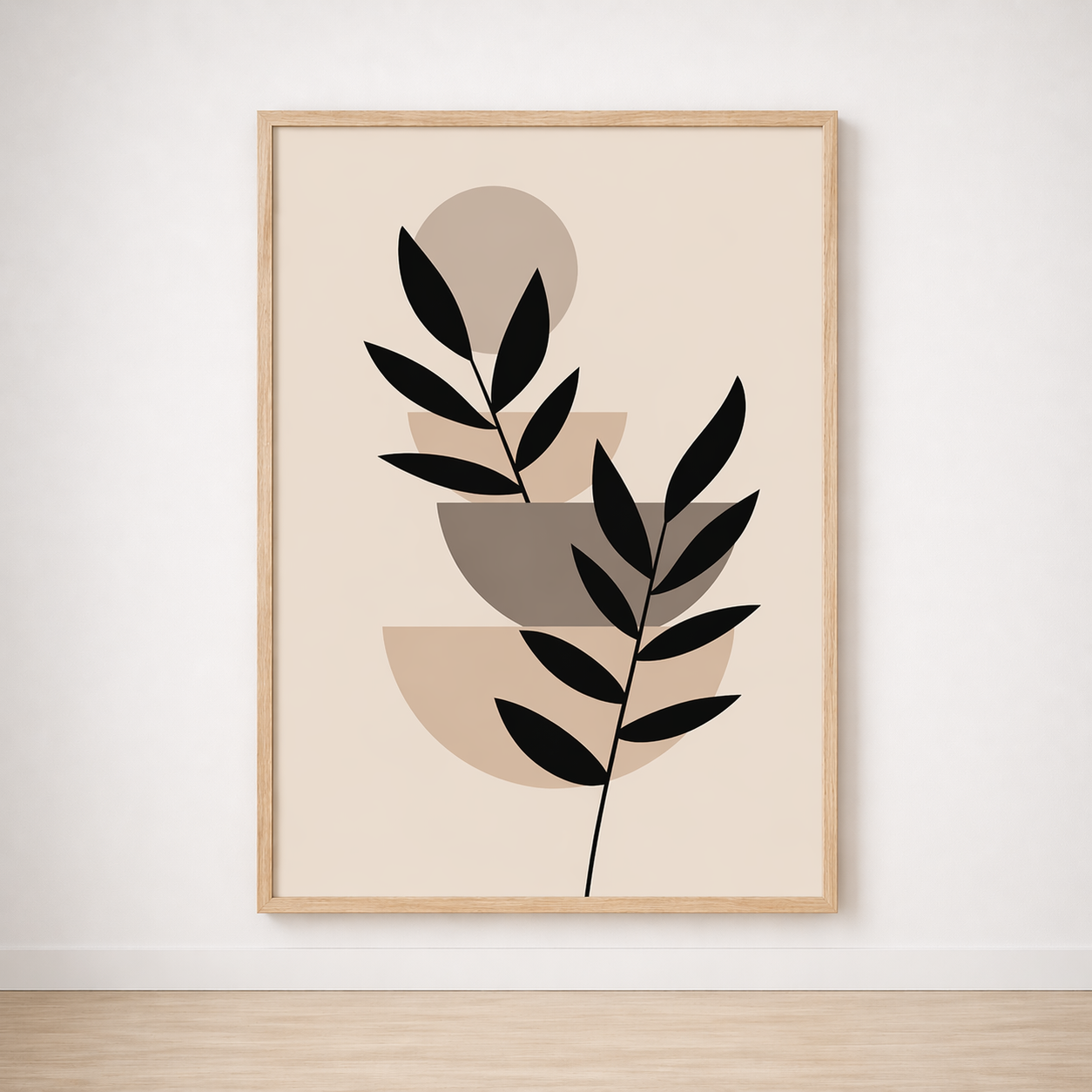 Tableau Feuilles Abstraites Noir et Beige – Douceur Graphique et Naturelle