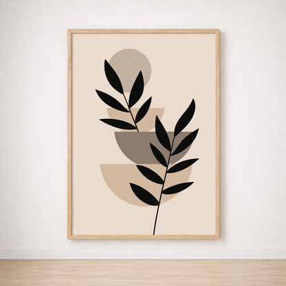 Tableau Feuilles Abstraites Noir et Beige – Douceur Graphique et Naturelle