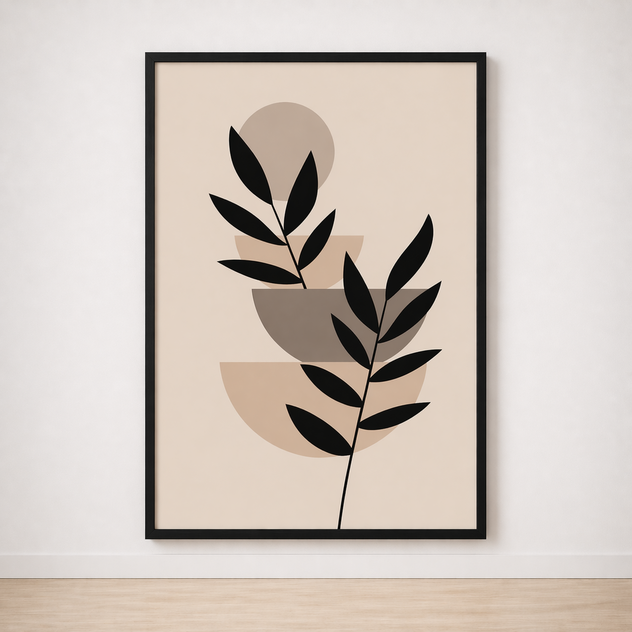 Tableau Feuilles Abstraites Noir et Beige – Douceur Graphique et Naturelle