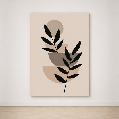 Tableau Feuilles Abstraites Noir et Beige – Douceur Graphique et Naturelle