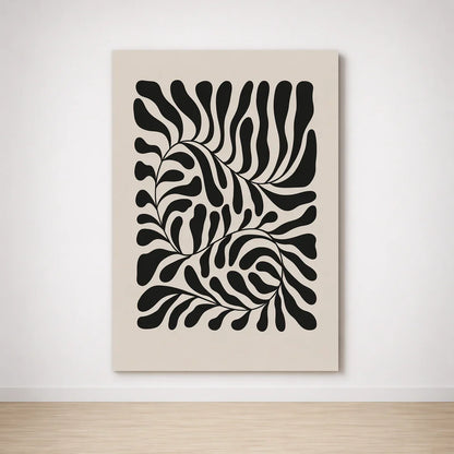 Tableau Abstrait Noir et Beige – Motifs Organiques Contemporains