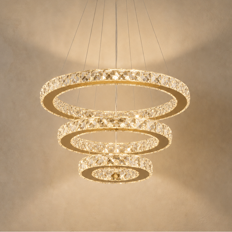 Three Ring Crystal Chandelier - Modern Cascading Light