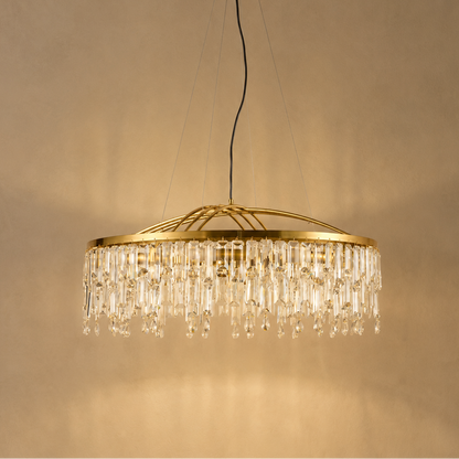 Round Crystal Fringe Chandelier Gold - Elegant Hanging Light