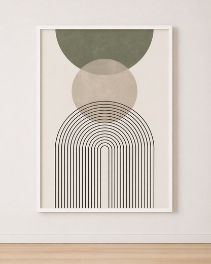 Tableau Arche Graphique Vert Sauge et Beige – Minimalisme Doux et Moderne