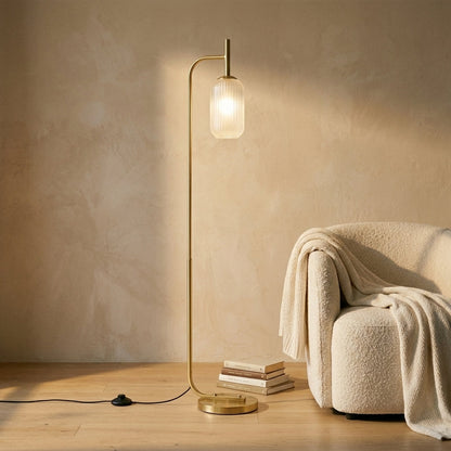 Gold Floor Lamp with Fluted Glass Shade - Modern Standing Light