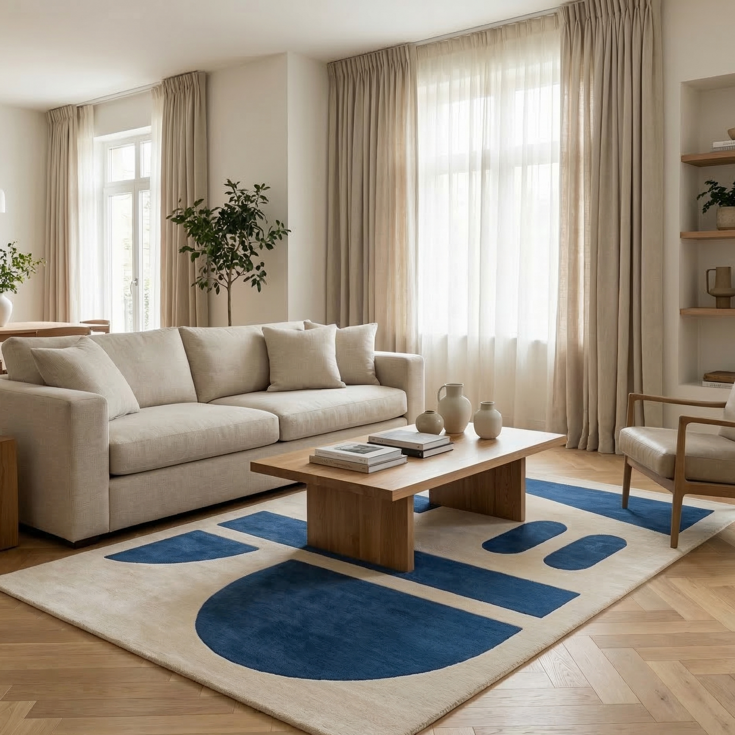 Tapis géométrique bleu et écru – Aelio