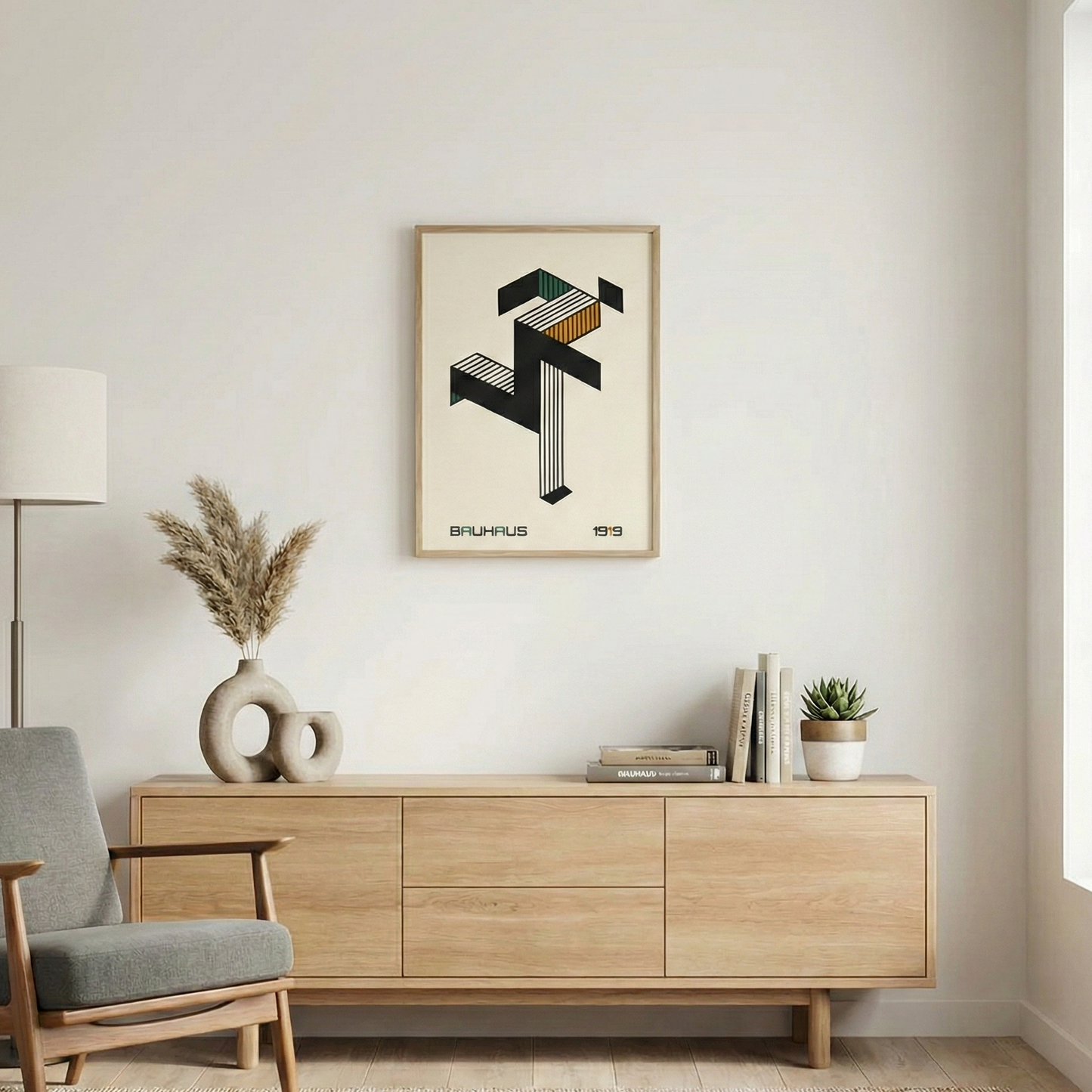 Tableau Bauhaus Structure 1919 – Lignes Graphiques Vert & Ocre