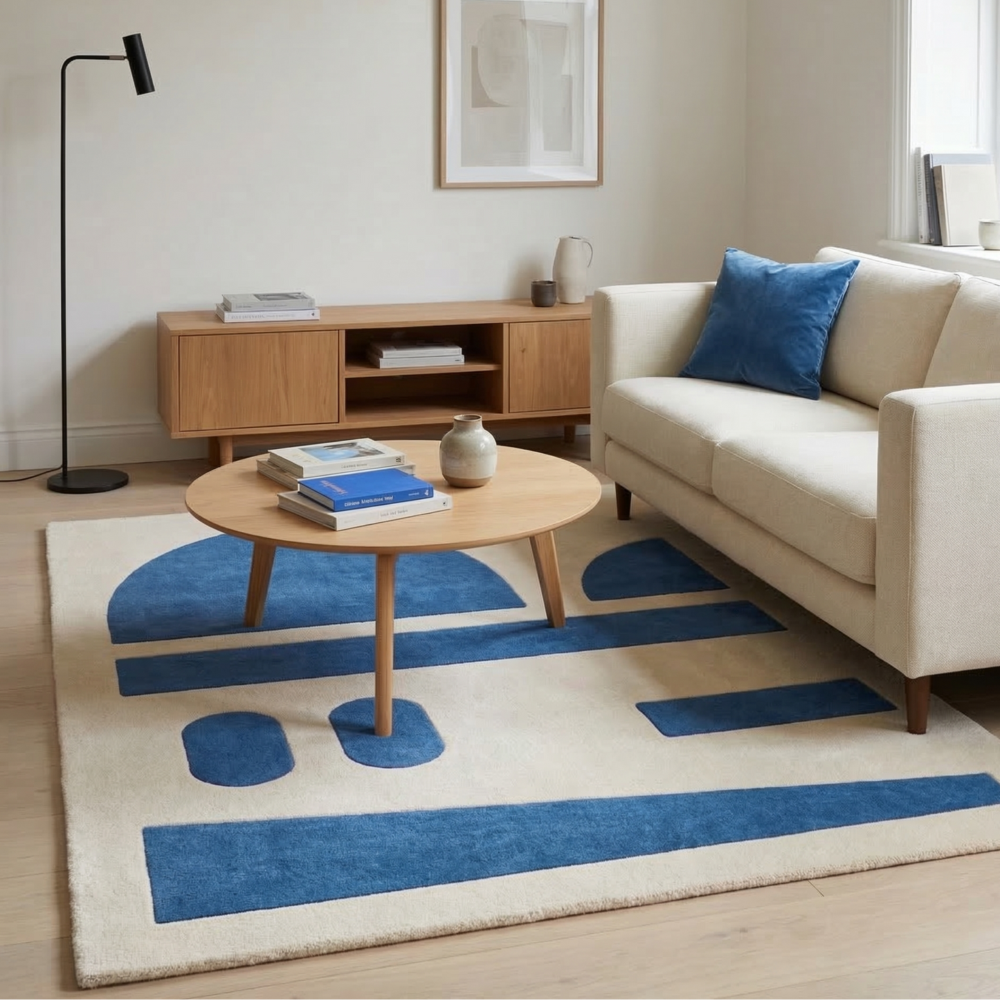 Tapis géométrique bleu et écru – Aelio