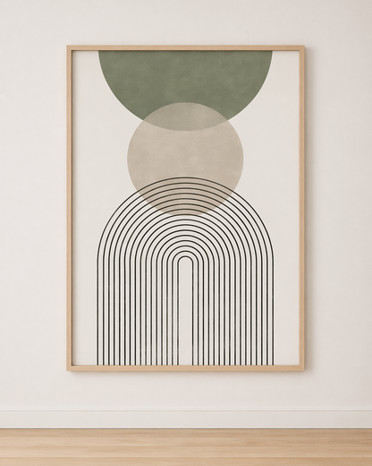 Tableau Arche Graphique Vert Sauge et Beige – Minimalisme Doux et Moderne