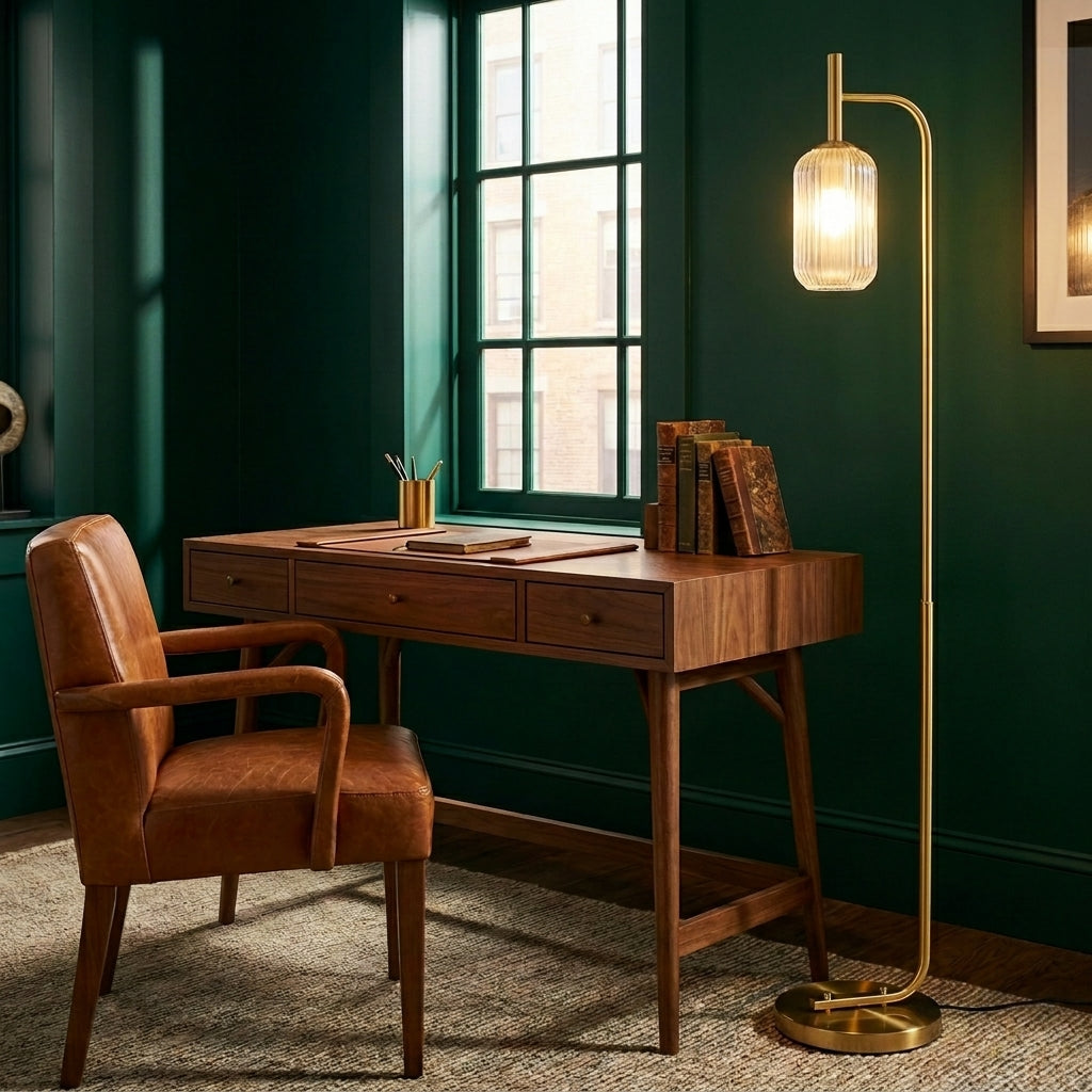 Gold Floor Lamp with Fluted Glass Shade - Modern Standing Light