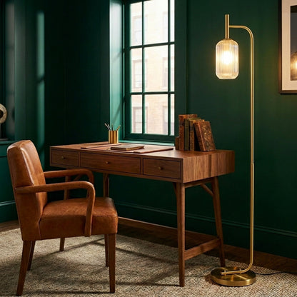 Gold Floor Lamp with Fluted Glass Shade - Modern Standing Light