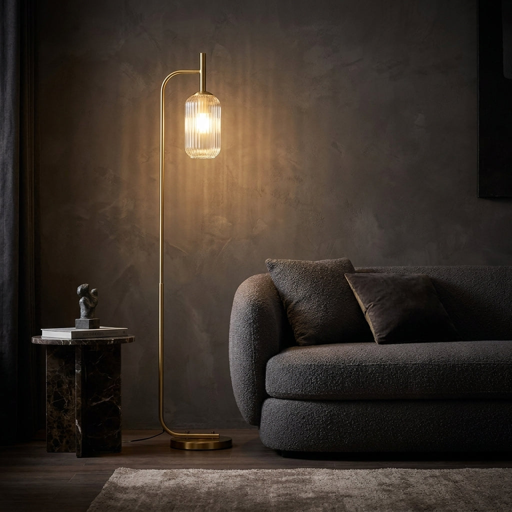 Gold Floor Lamp with Fluted Glass Shade - Modern Standing Light