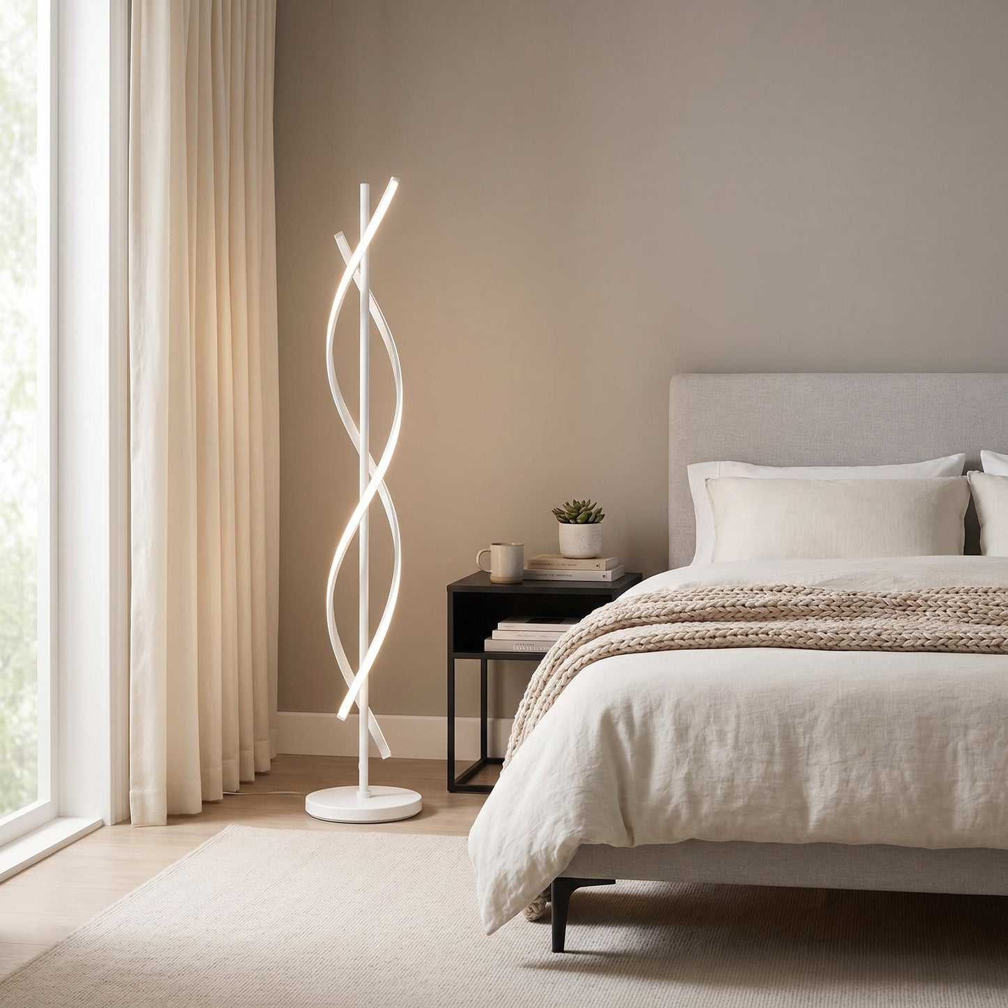 Lampadaire LED Design en Métal Noir avec Bandes Lumineuses Entrelacées – Ondiro