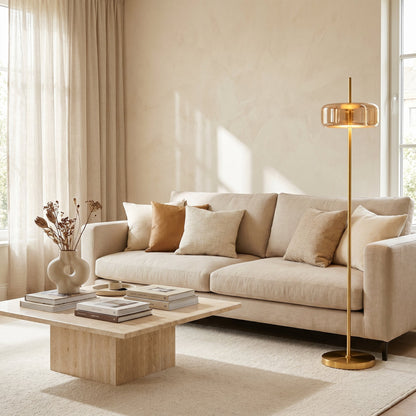 Lampadaire en Métal Doré avec Diffuseur Verre Teinté – Ambroro