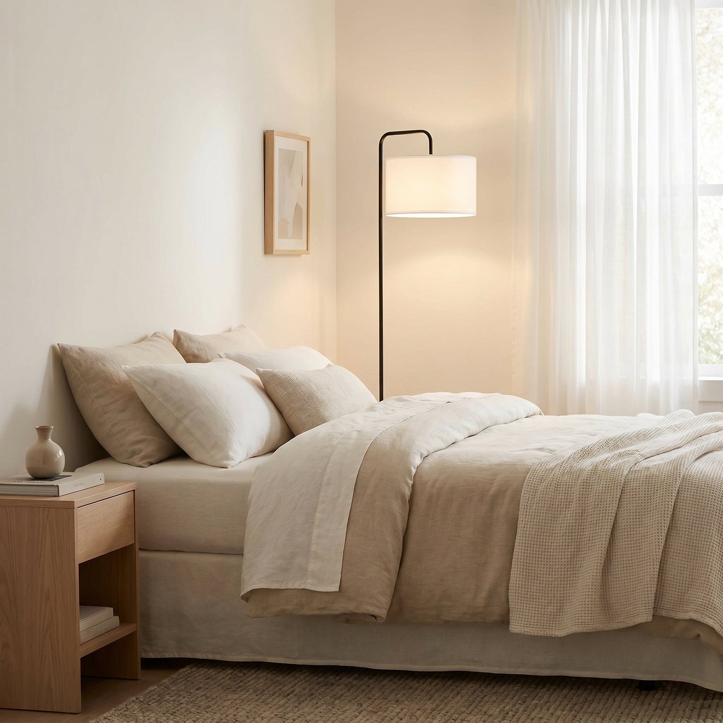 Lampadaire en Métal Noir avec Abat-Jour Cylindrique en Tissu Blanc – Linoro