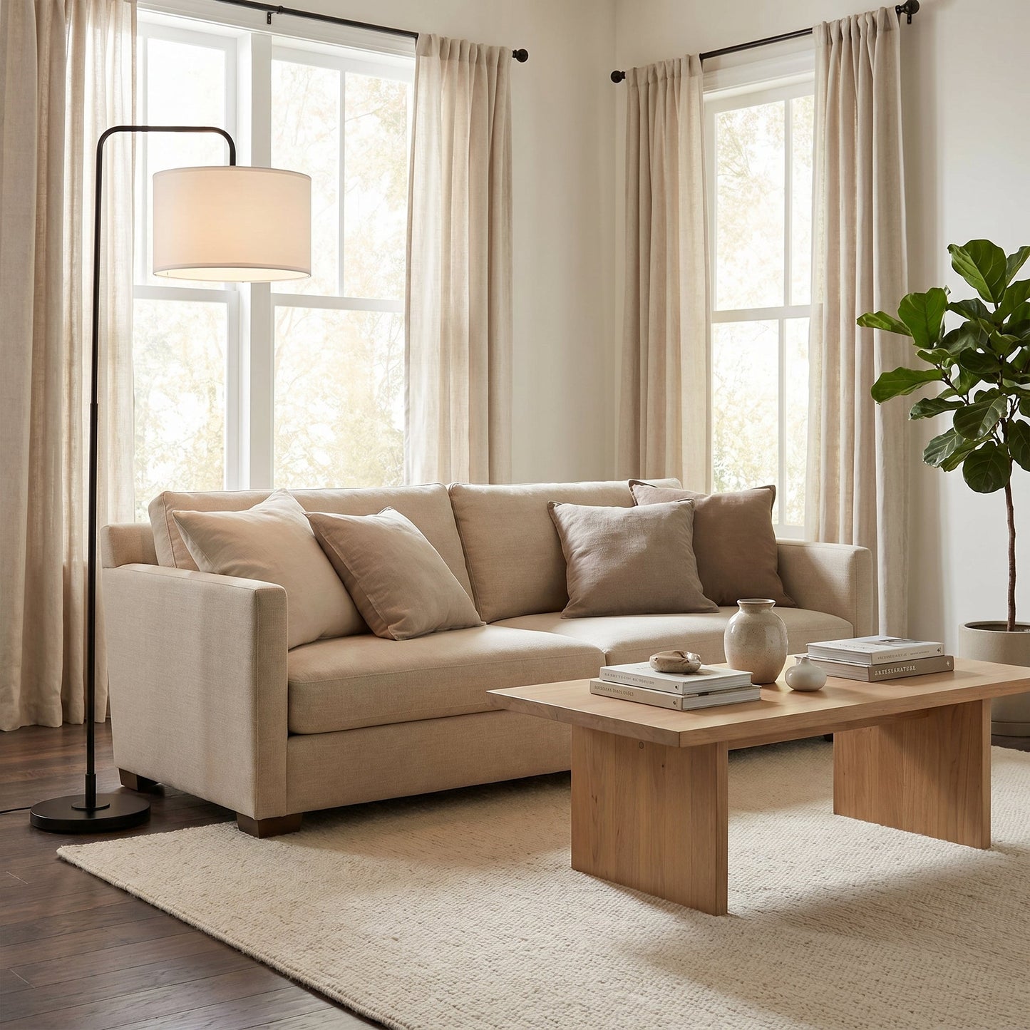 Lampadaire en Métal Noir avec Abat-Jour Cylindrique en Tissu Blanc – Linoro