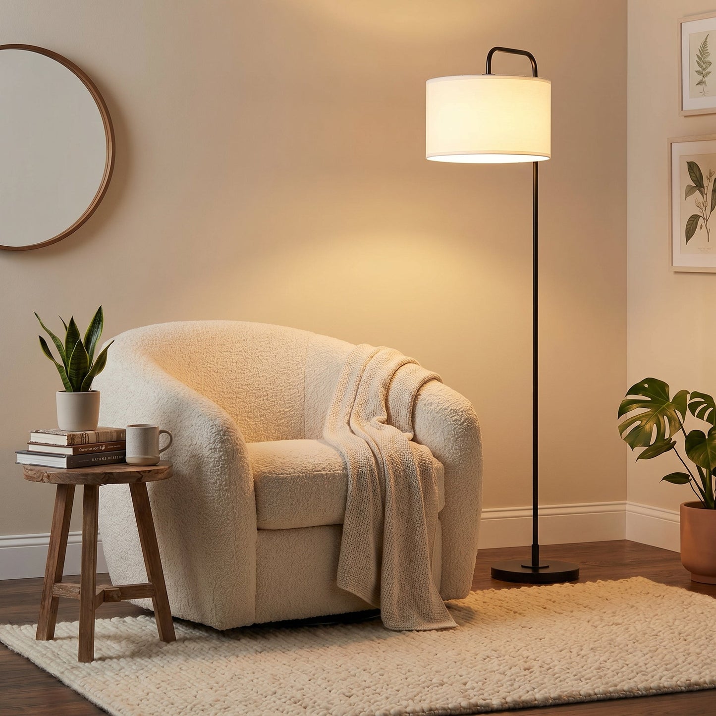 Lampadaire en Métal Noir avec Abat-Jour Cylindrique en Tissu Blanc – Linoro