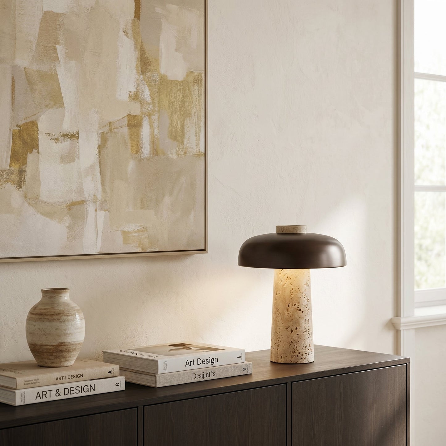 Lampe de Table en Travertin et Métal Noir – Noxéa