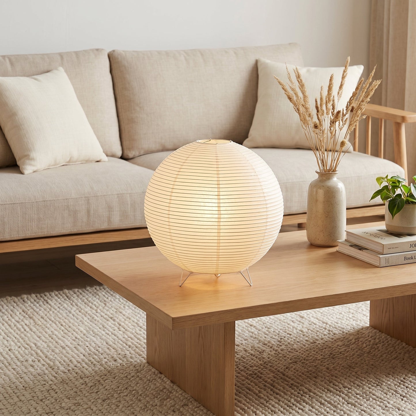 Round Paper Table Lamp Japandi Style - Soft Ambient Light