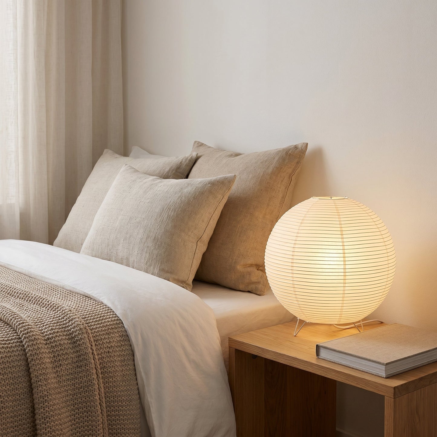 Round Paper Table Lamp Japandi Style - Soft Ambient Light