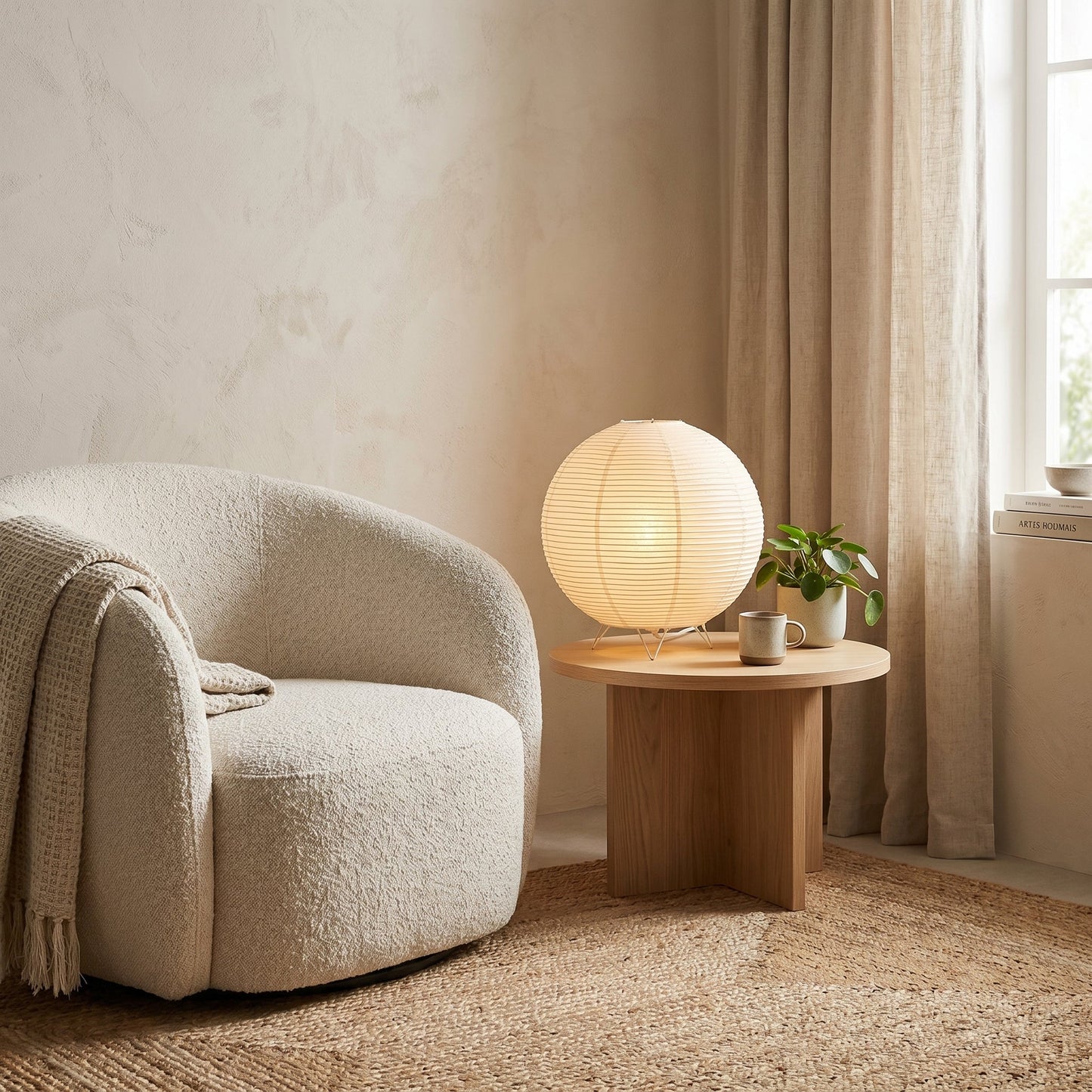 Round Paper Table Lamp Japandi Style - Soft Ambient Light