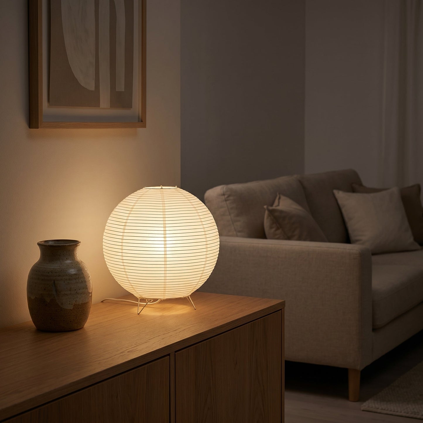 Round Paper Table Lamp Japandi Style - Soft Ambient Light