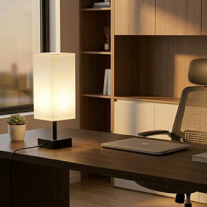 Square White Fabric Table Lamp with Black Base - Modern Bedside Light