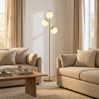 Lampadaire 3 Globes en Verre Opalin et Métal Doré - Aurélo