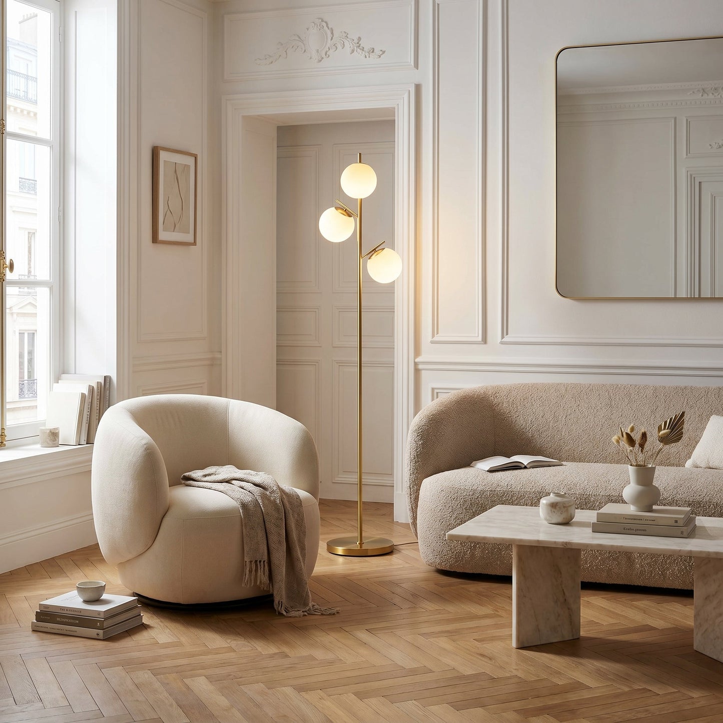 Lampadaire 3 Globes en Verre Opalin et Métal Doré - Aurélo