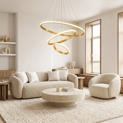 LED Three Ring Chandelier Gold - Modern Circular Pendant