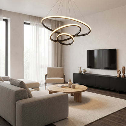 LED Three Ring Chandelier Gold - Modern Circular Pendant