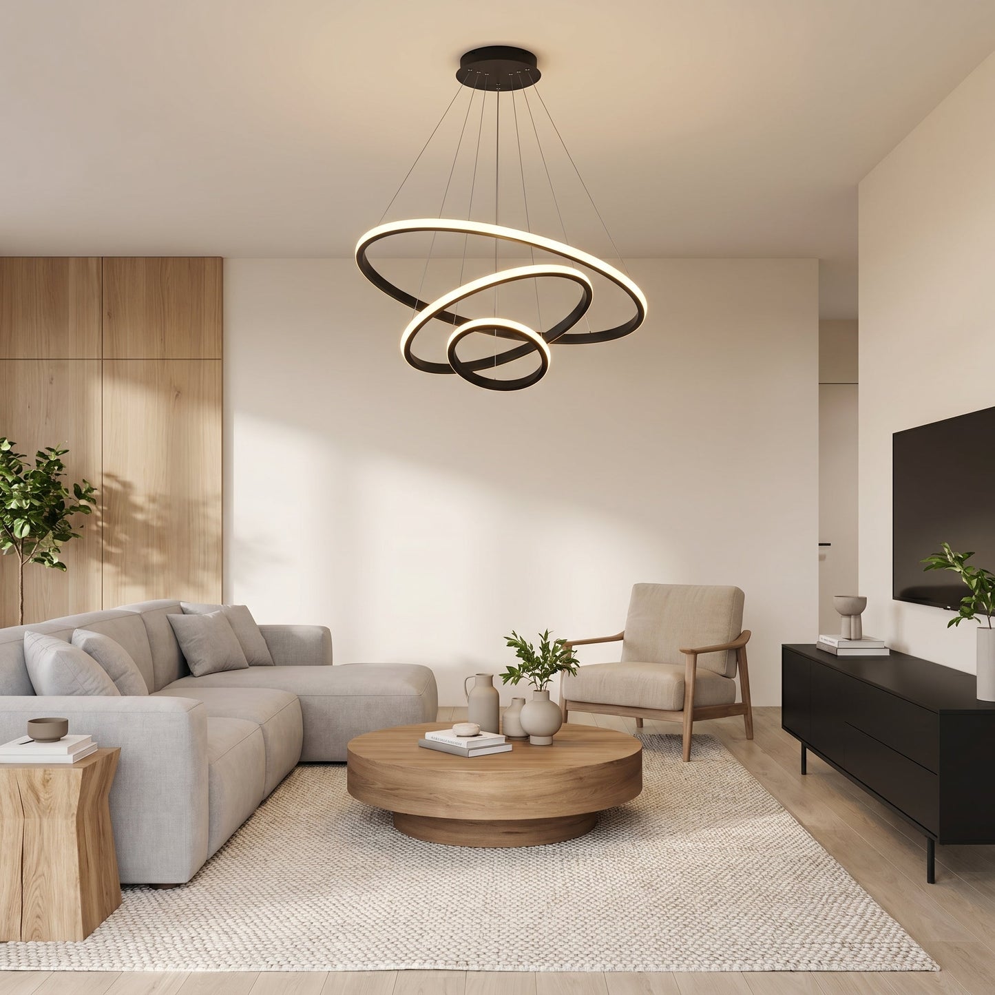 LED Three Ring Chandelier Gold - Modern Circular Pendant