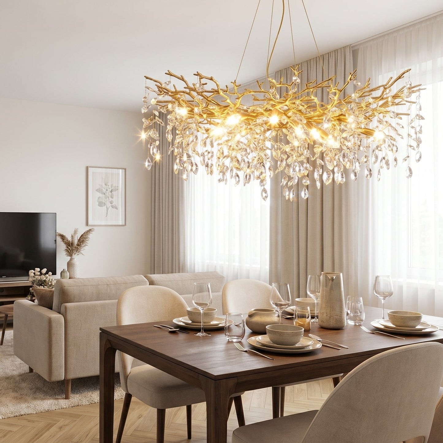 Gold Branch Crystal Chandelier - Sculptural Tree Pendant