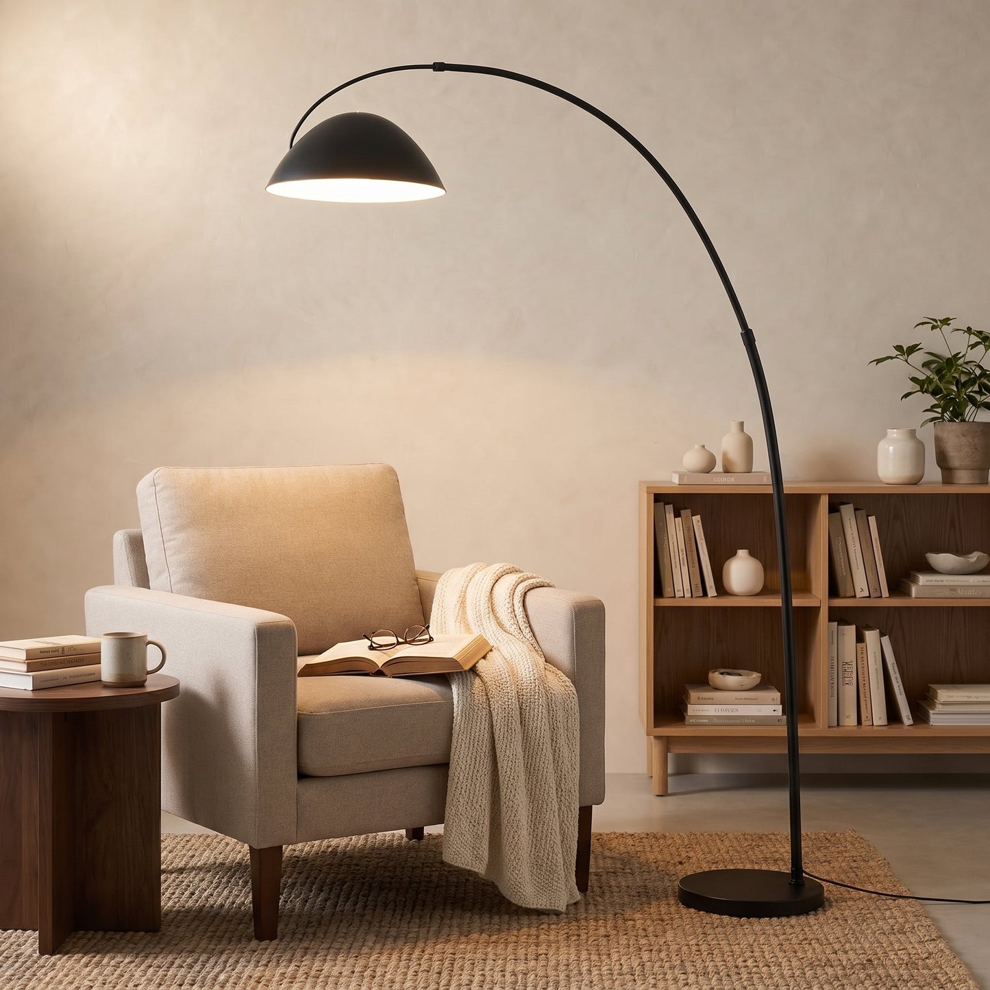Lampadaire arc en métal noir avec abat-jour conique – Courviro