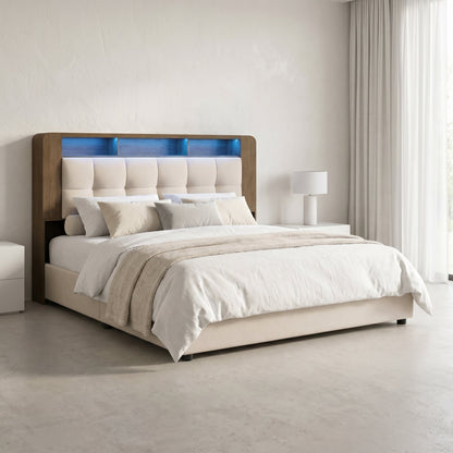 Lit 140x200cm adulte beige avec tête de lit LED et rangement – Azurélia