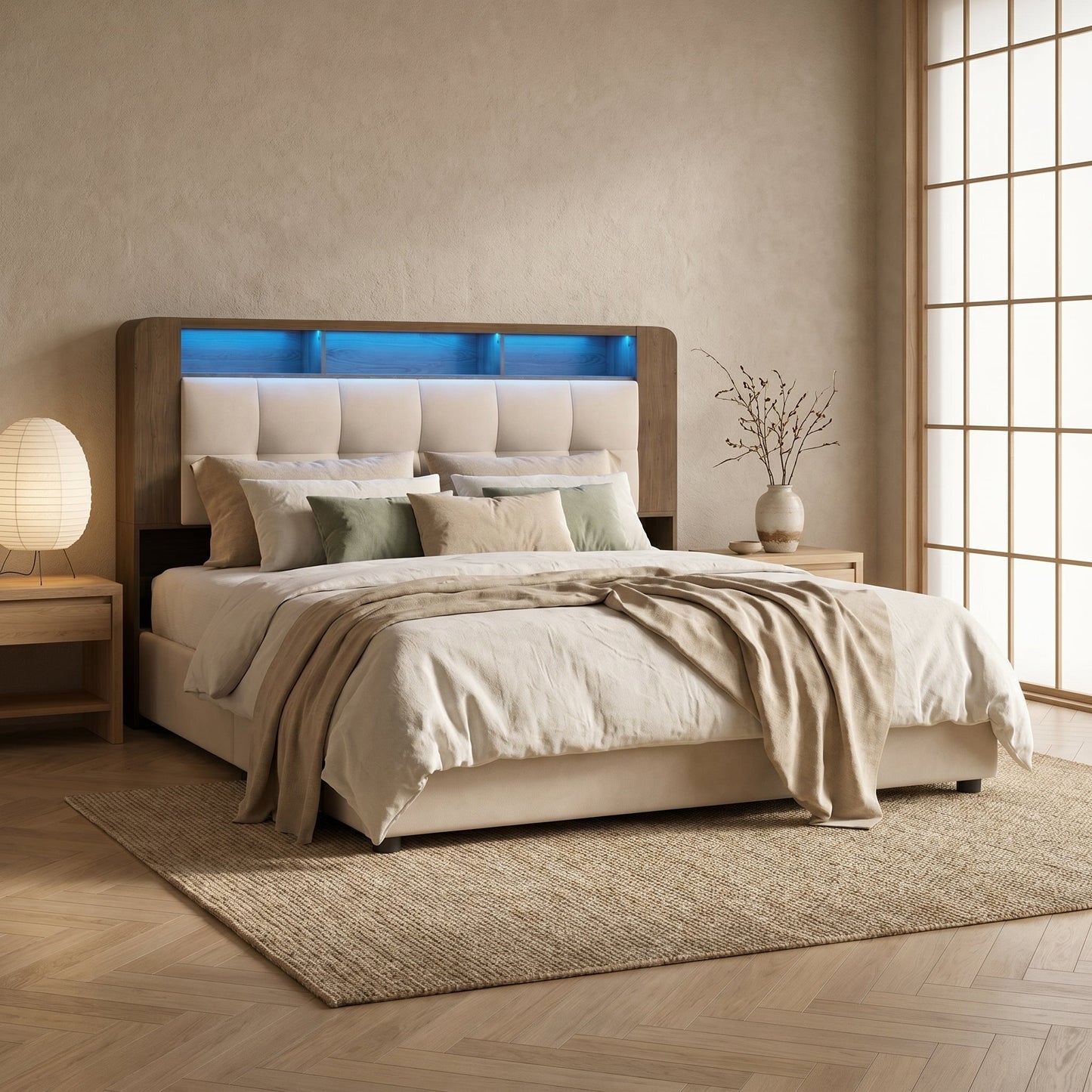 Lit 140x200cm adulte beige avec tête de lit LED et rangement – Azurélia