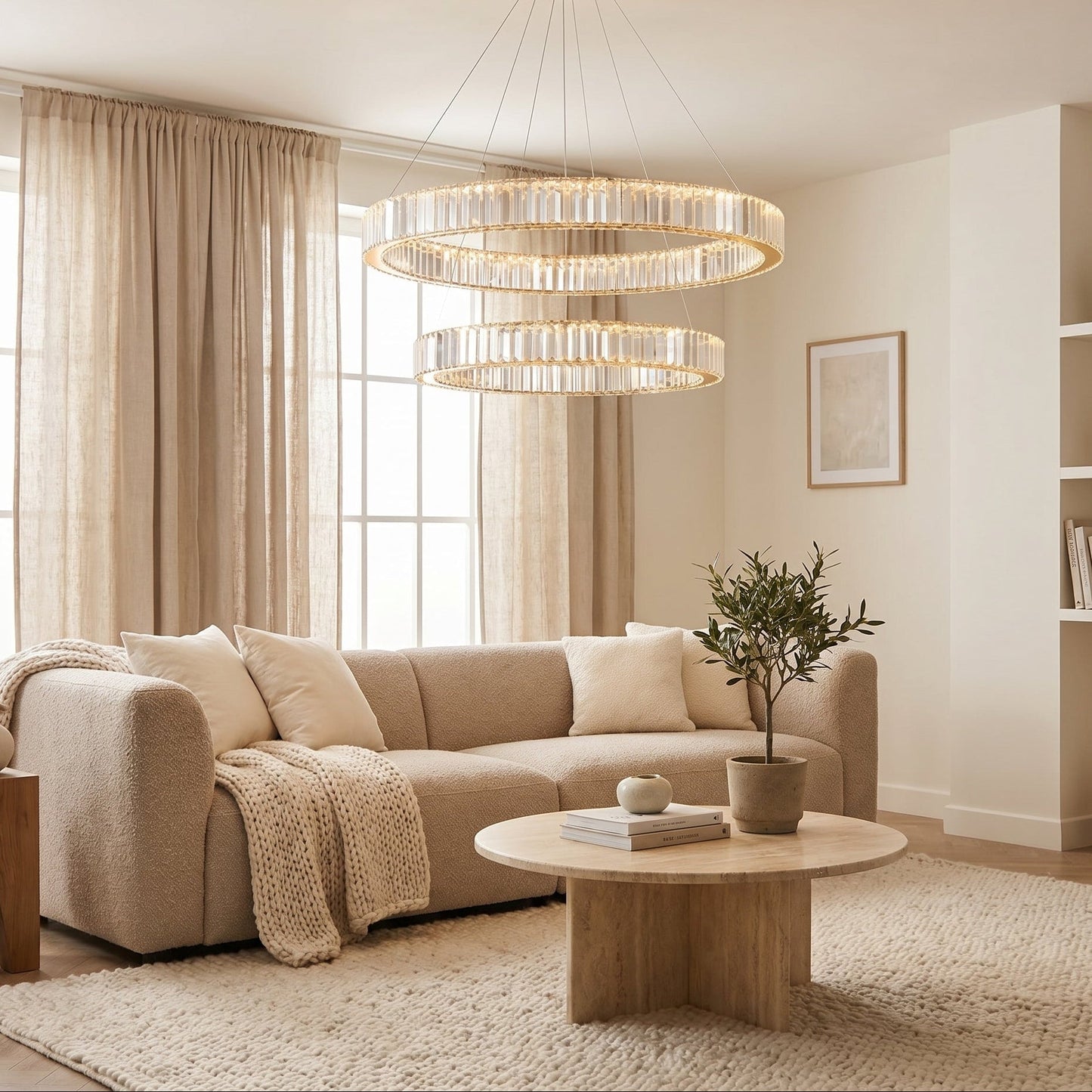 Double Ring Crystal Chandelier Gold - Modern Tiered Light