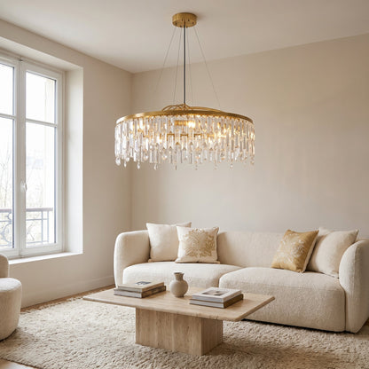 Round Crystal Fringe Chandelier Gold - Elegant Hanging Light
