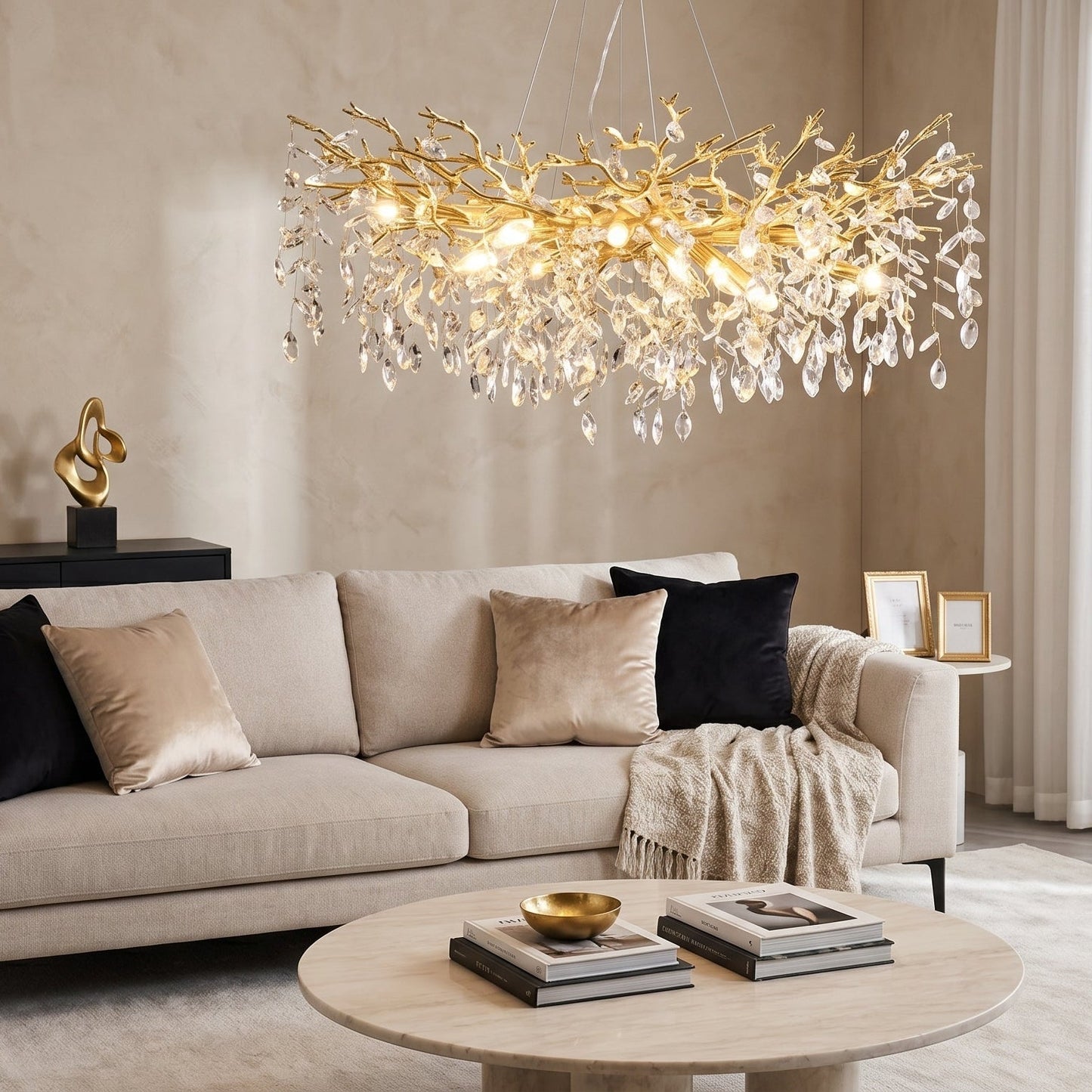 Gold Branch Crystal Chandelier - Sculptural Tree Pendant