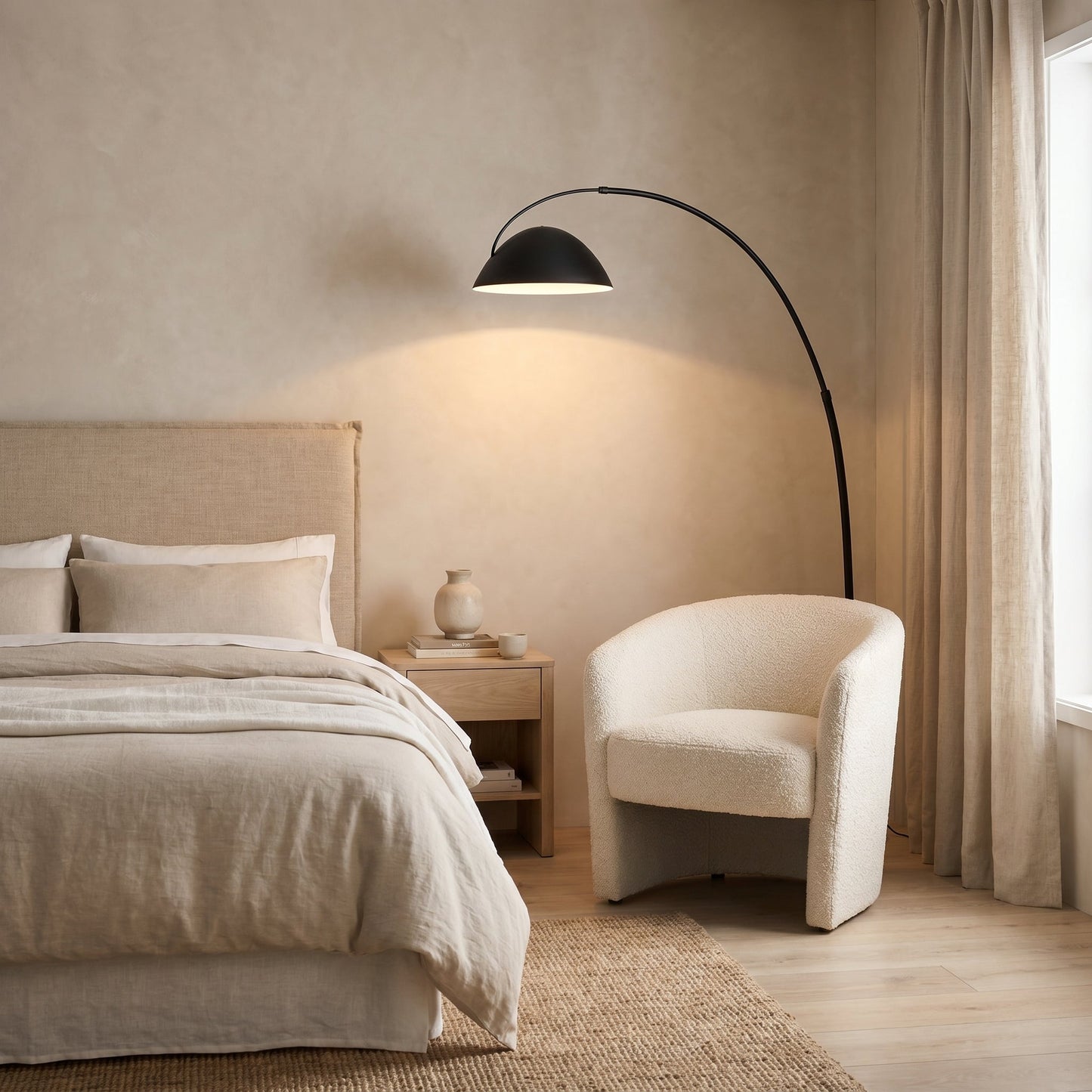 Lampadaire arc en métal noir avec abat-jour conique – Courviro