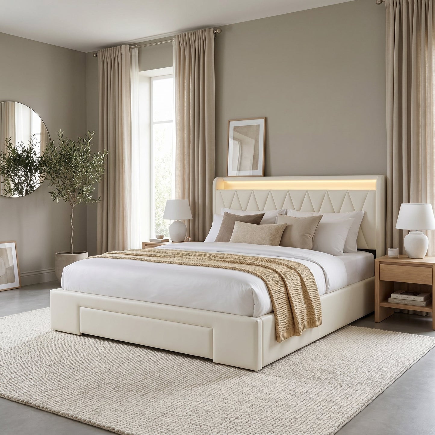 Lit LED 140x200 cm en tissu blanc - Nuvélia