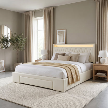 Lit LED 140x200 cm en tissu blanc - Nuvélia