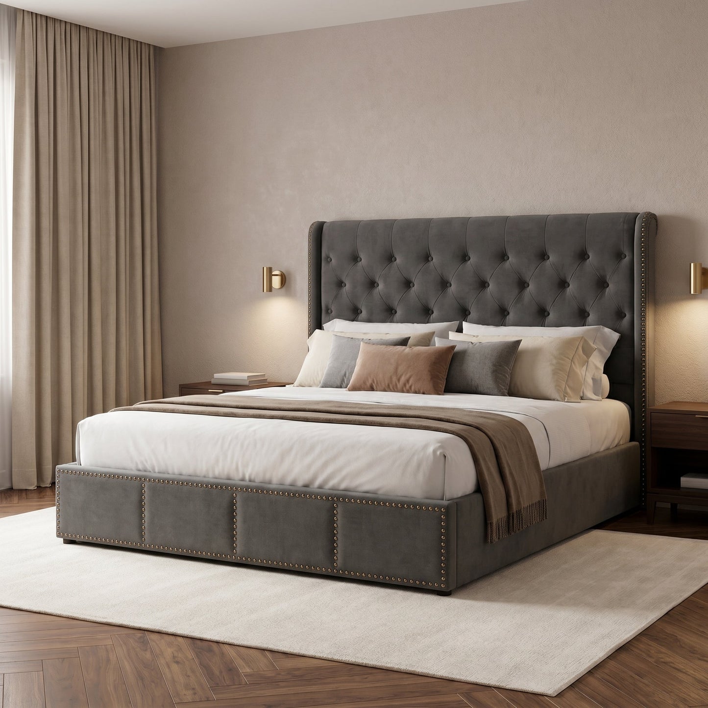 Lit 160x200cm adulte en velour gris - Veloria