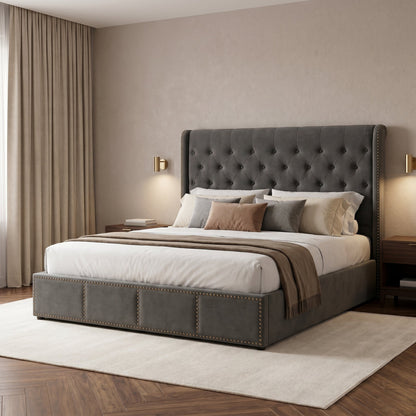 Lit 160x200cm adulte en velour gris - Veloria