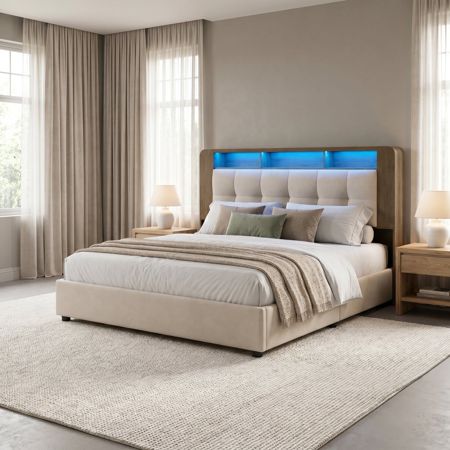 Lit 140x200cm adulte beige avec tête de lit LED et rangement – Azurélia