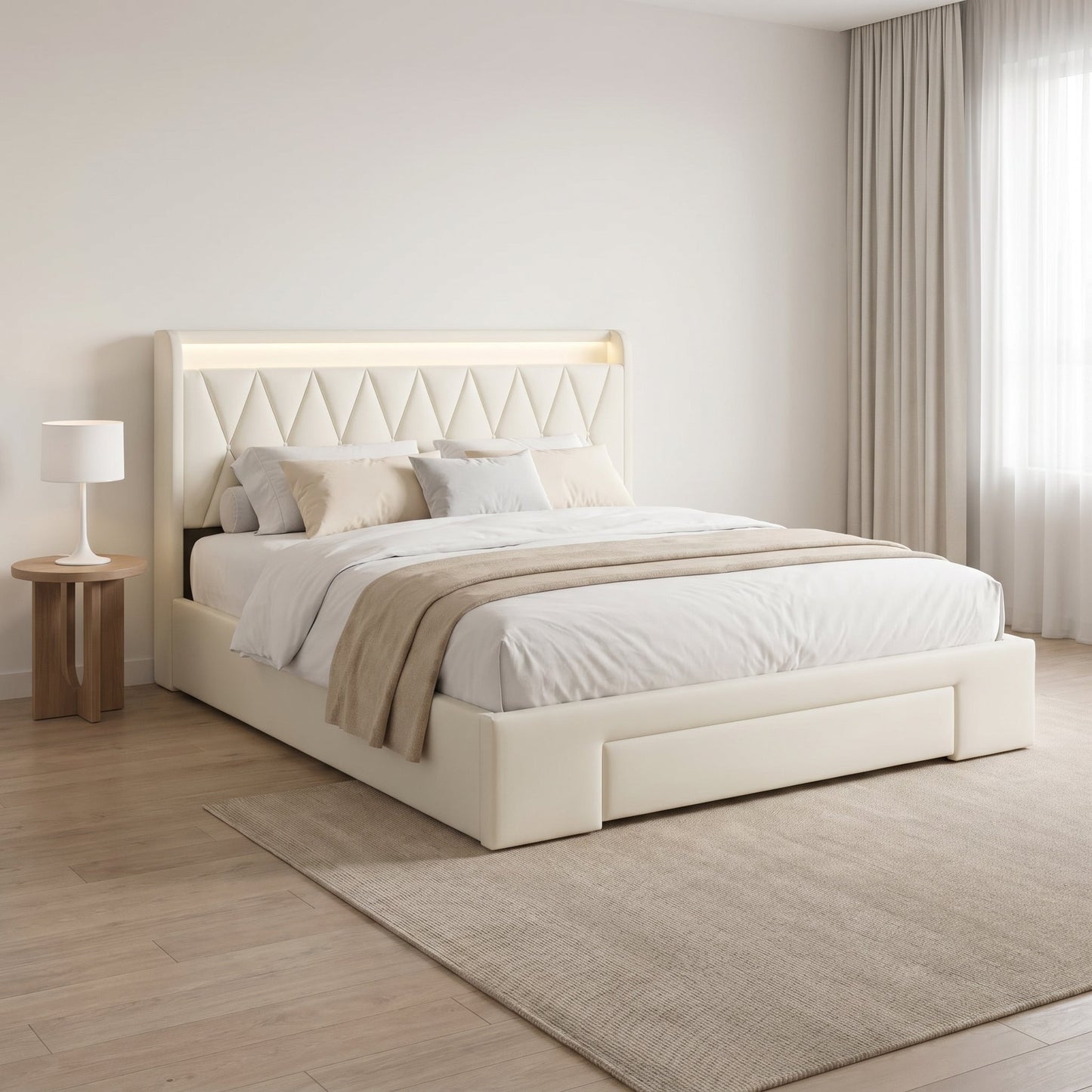 Lit LED 140x200 cm en tissu blanc - Nuvélia