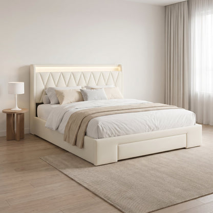 Lit LED 140x200 cm en tissu blanc - Nuvélia