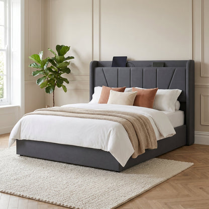 Lit 160x200 cm adulte gris en tissu avec tête de lit rangement et ports USB - Grisélia