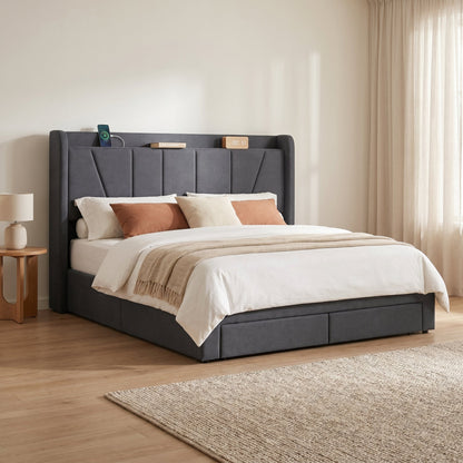 Lit 160x200 cm adulte gris en tissu avec tête de lit rangement et ports USB - Grisélia