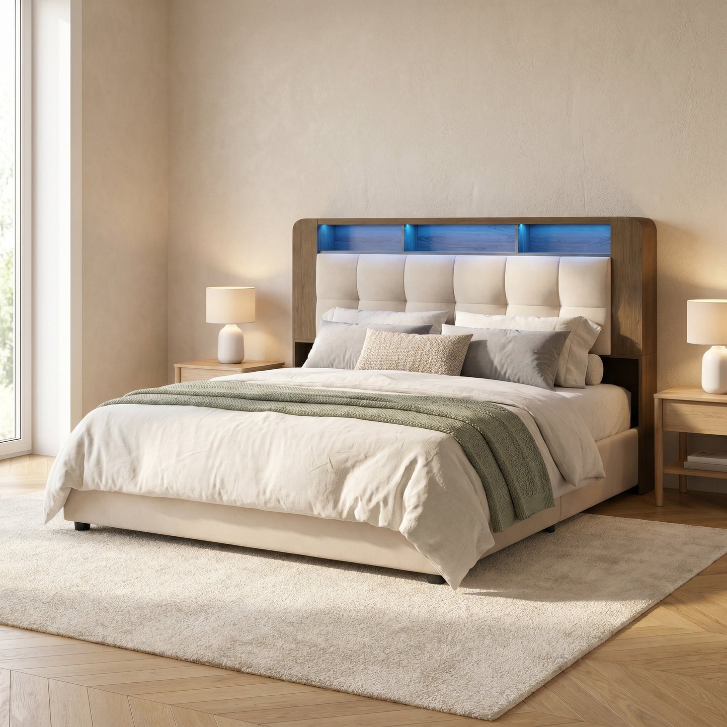 Lit 140x200cm adulte beige avec tête de lit LED et rangement – Azurélia